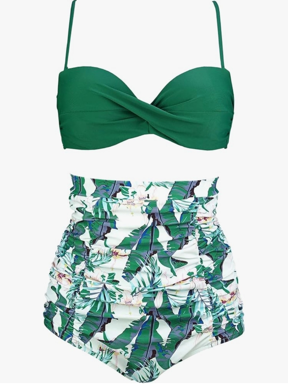 High-Waist Green Tropical Print Swim Shorts